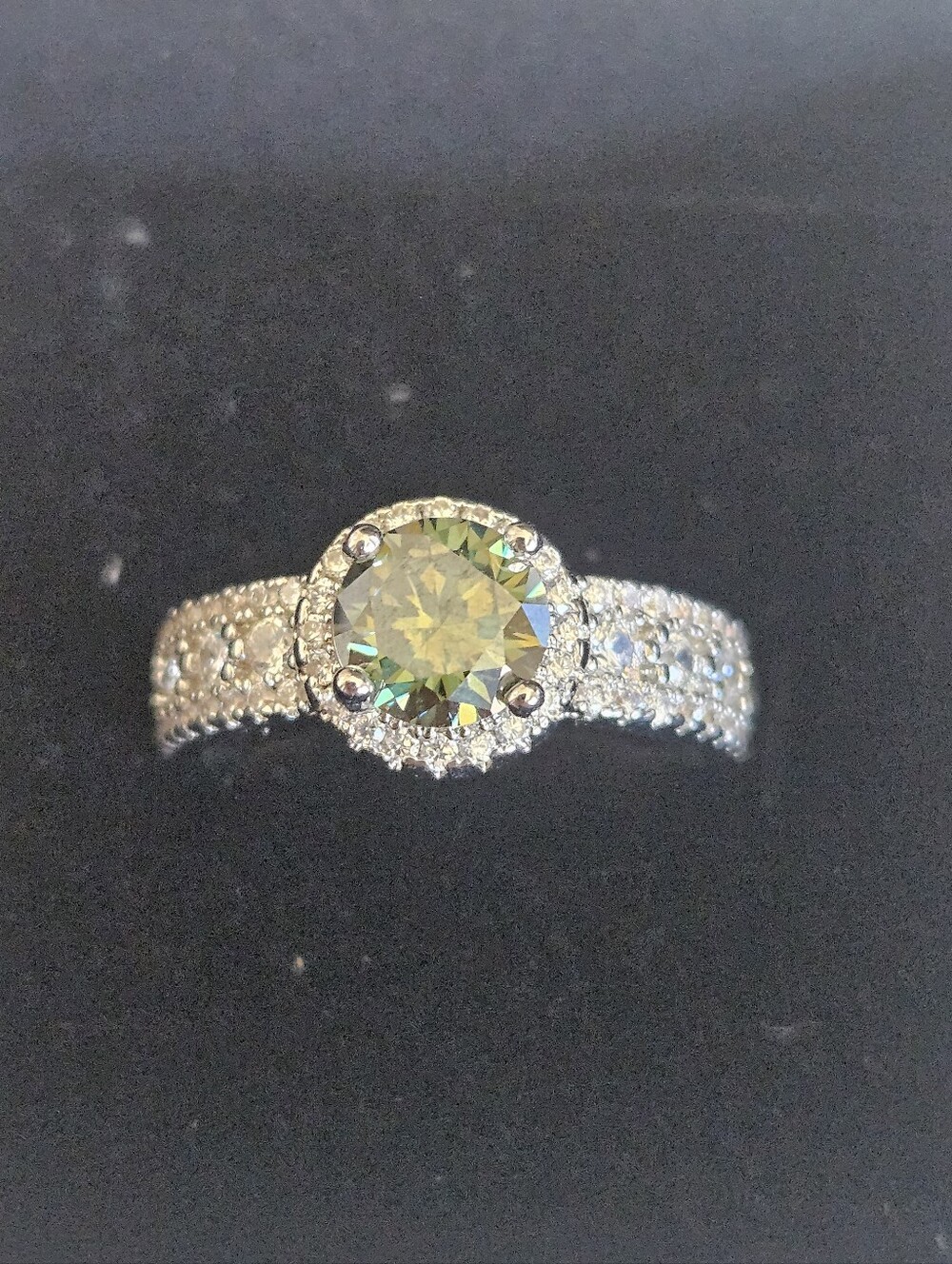 Olive Green Moissanite Round Cut Halo Solitaire Ring with Pavé Band